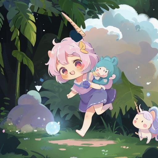 Chibi Kawaii Baby Unicorn with Rainbow Tail