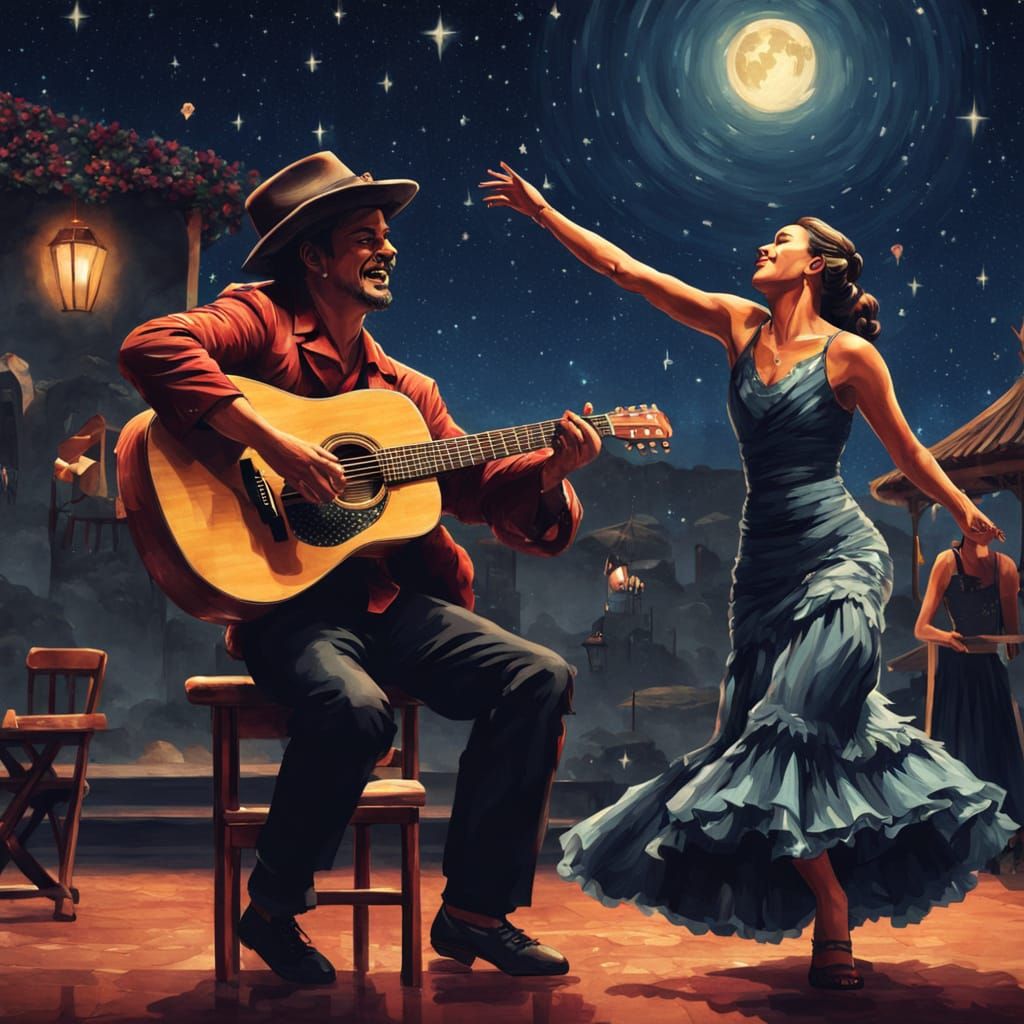 Flamenco Dancer Under Stars With Guitarist