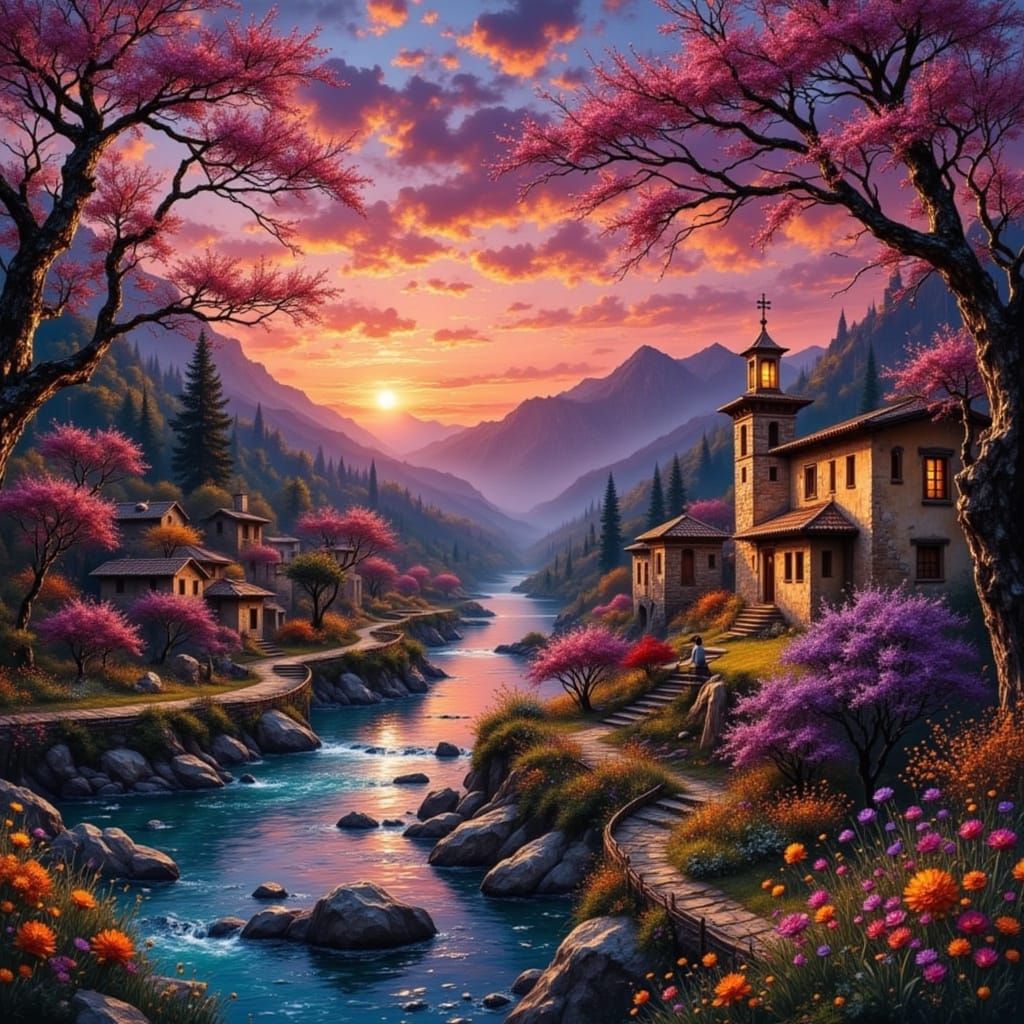 Gold Alcohol Ink Art: Spanish Riverside Settlement Sunrise