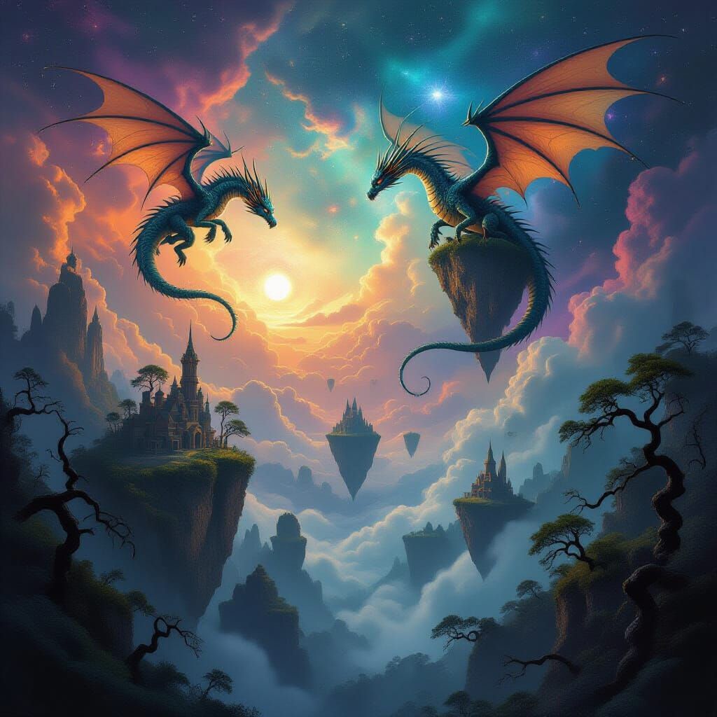 Ethereal Dragons in Nebula Sky Above Dark Fantasy Forest