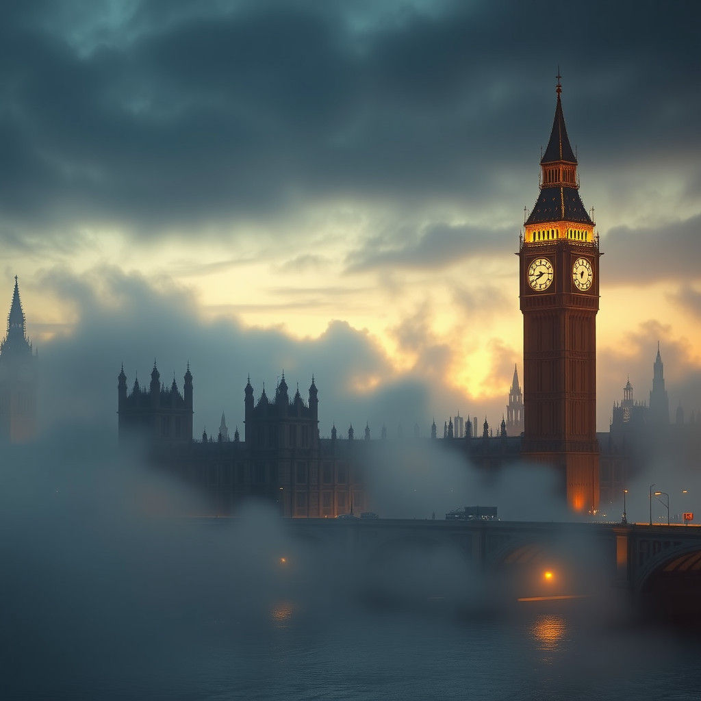 London Skyline: Big Ben in Dystopian Fog