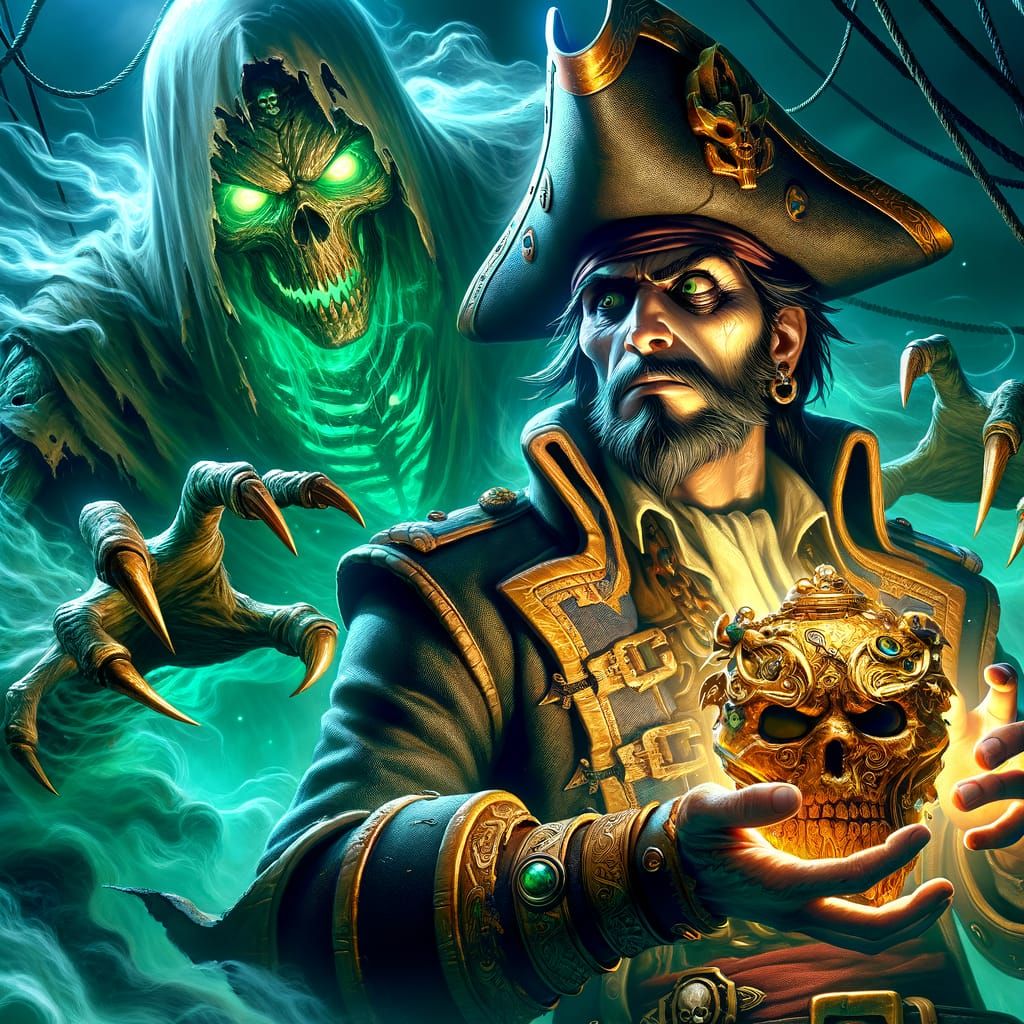 Greedy Freebooter with Ancient Artifact in Eerie Scene