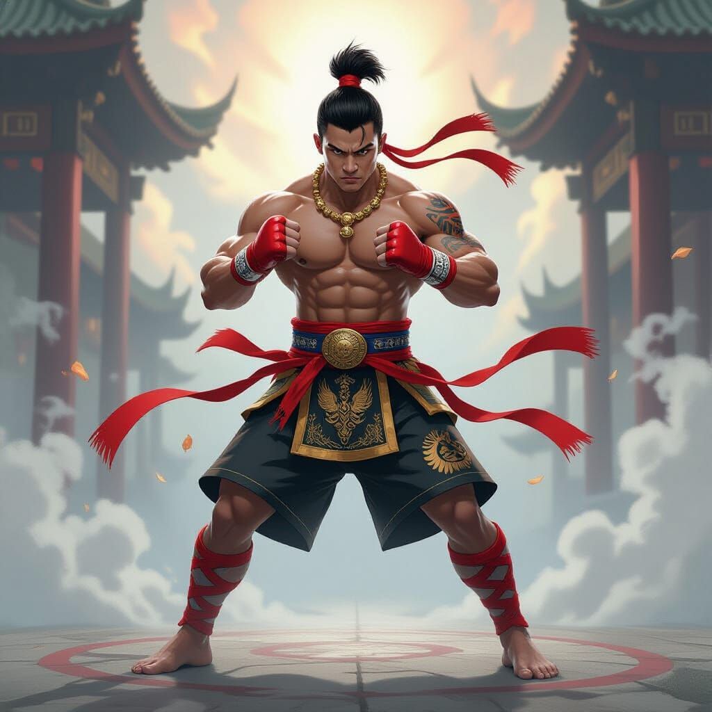 Dynamic Muay Thai Champion Portrait with Neon Accents