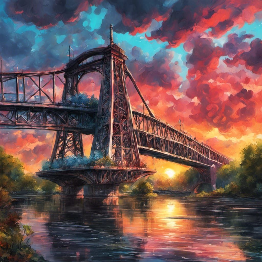 Eiffel-Inspired Bridge with Godrays in Graffiti Art Style