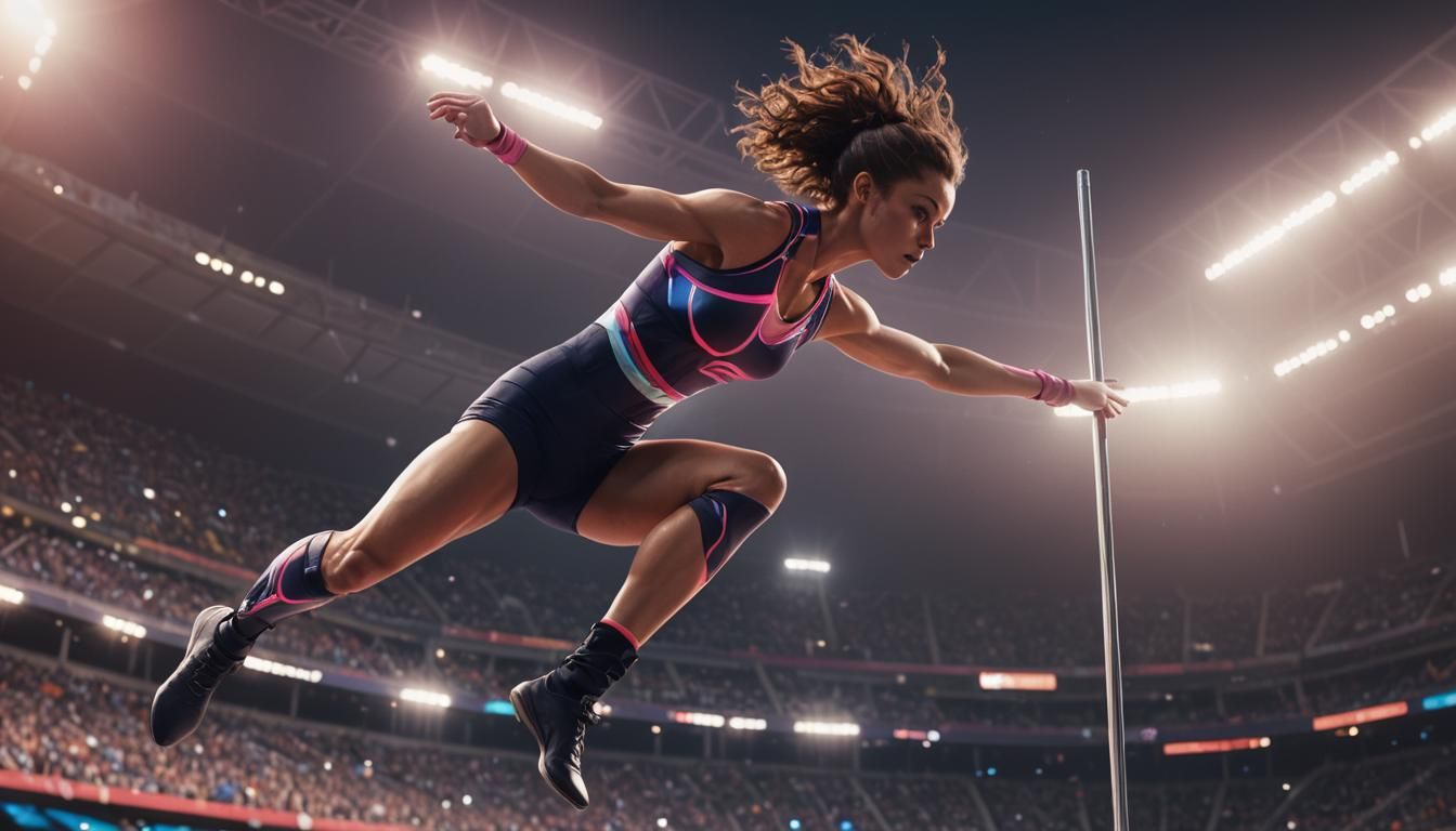 female Polejumper makes her jump in a competition.