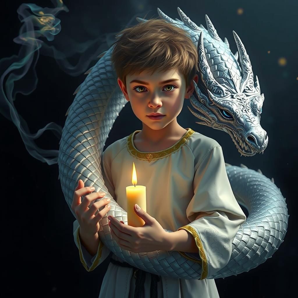Boy and Diamond Dragon in Mystical Embrace