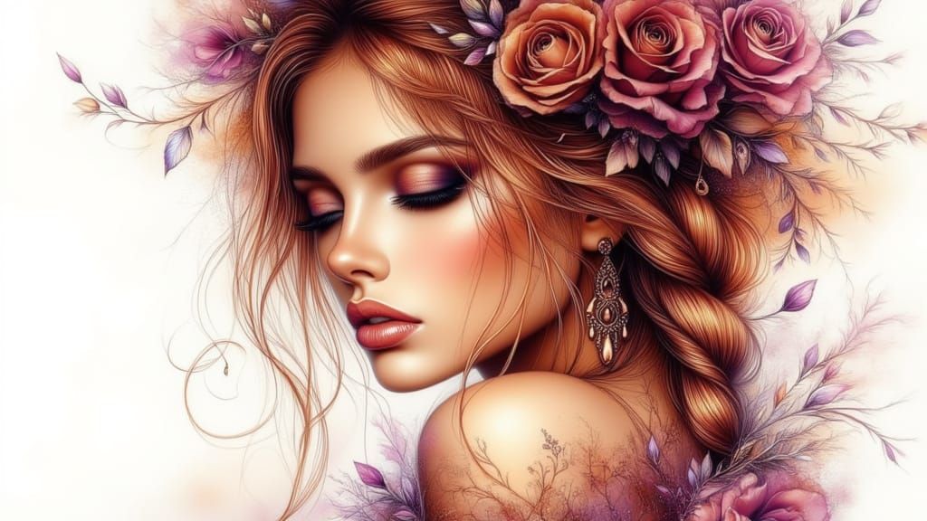 Bohemian Woman with Rose-Gold Flowers in Watercolor Style
