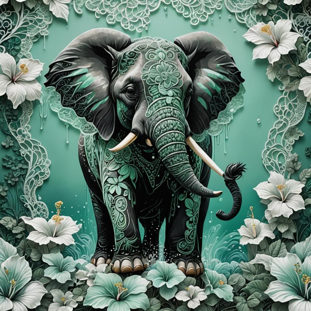 waterfall iridecent aqua white green black mint lace hibiscus landscape with filigree elephant