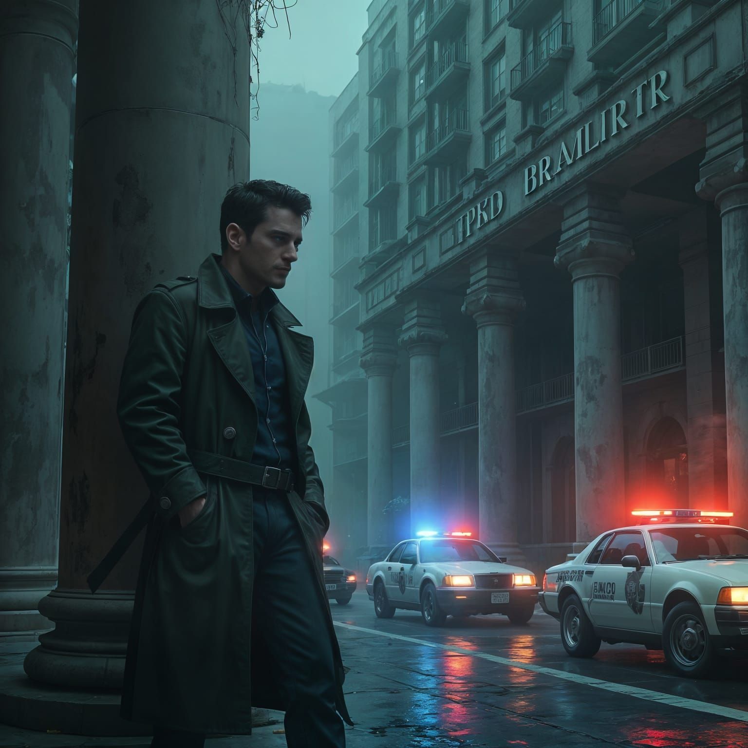Cyberpunk Cityscape with Figure in Trench Coat