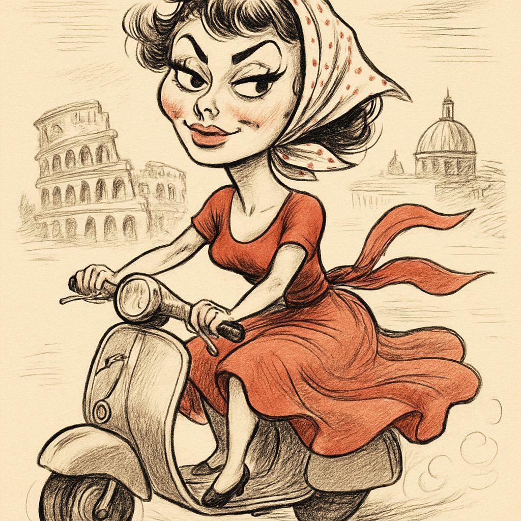 Sophia Loren Rides Vespa in Rome: Pen and Ink Caricature