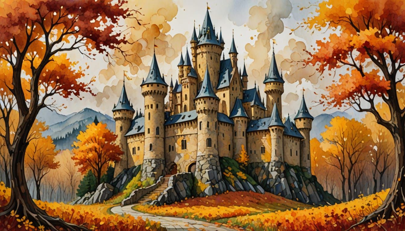 Logarithmic Spiral Castle in Autumn Watercolor Style