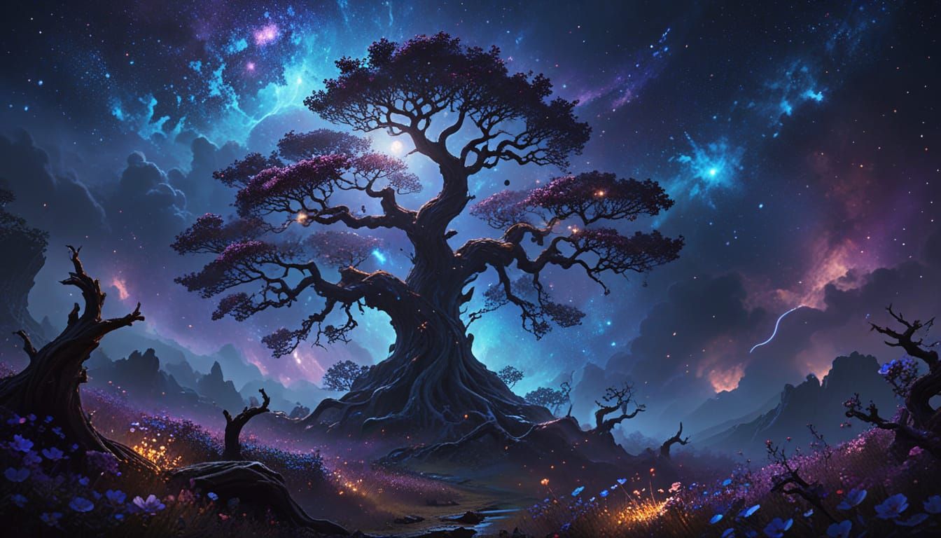Gnarled Tree with Ethereal Flowers in Cosmic Nebula