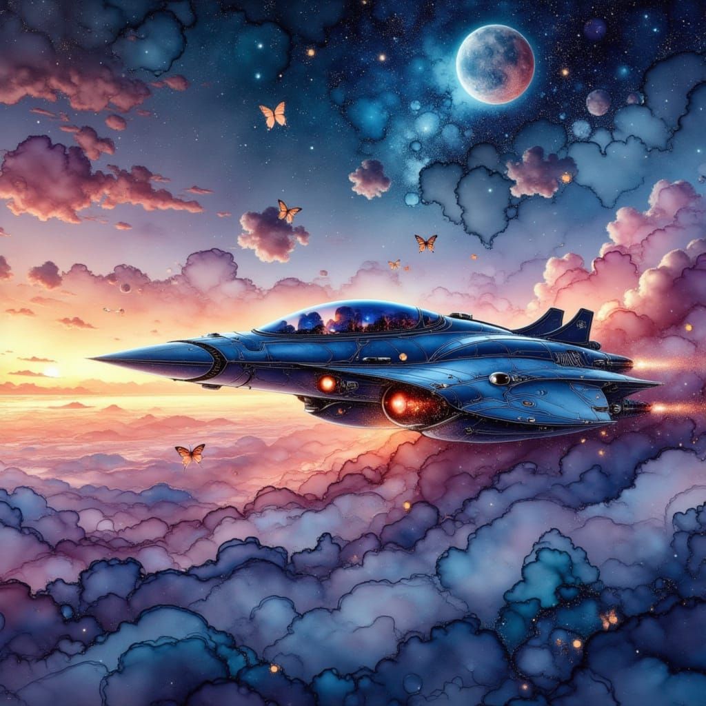 Blue Black Glass Spaceship in Moonlit Sky