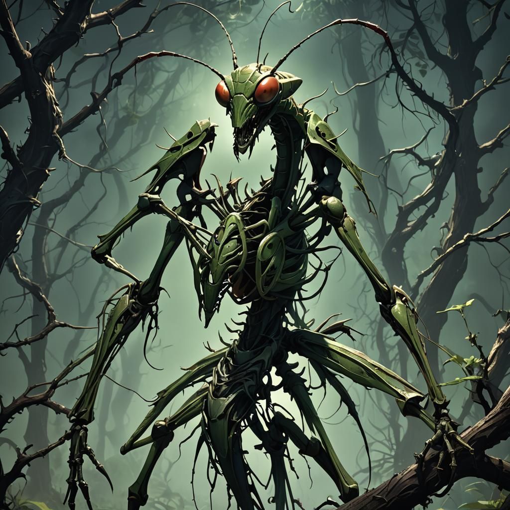 Demonic Praying Mantis in Dark Fantasy Anime Style