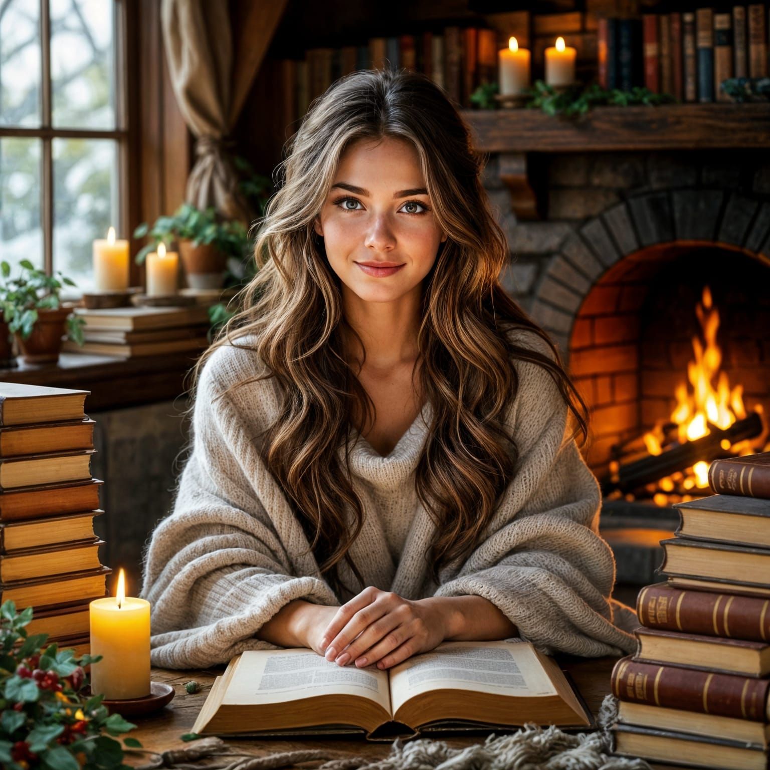 Cozy Cottagecore Woman Reading by Candlelight