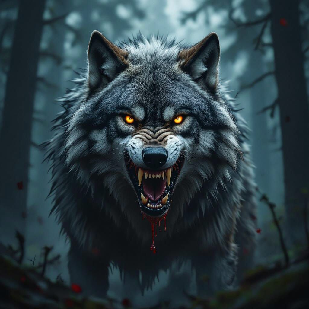 Ferocious Wolf Snarling in Dark Forest, Digital Art