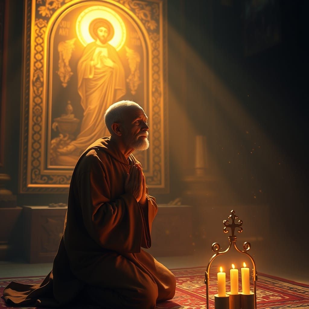 Monk in Reverence Before Holy Icon