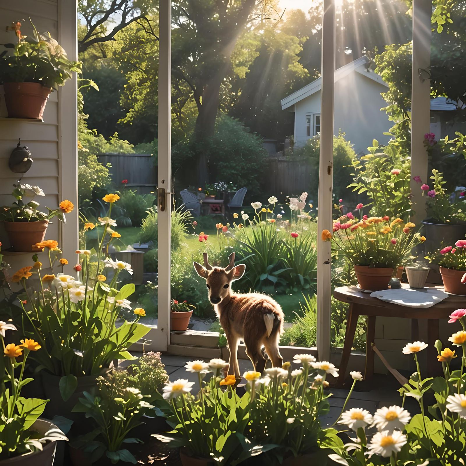 Faun in Forested Backyard Bathed in Morning Light