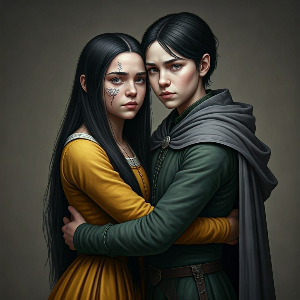 Medieval Girls Hugging in Friendship