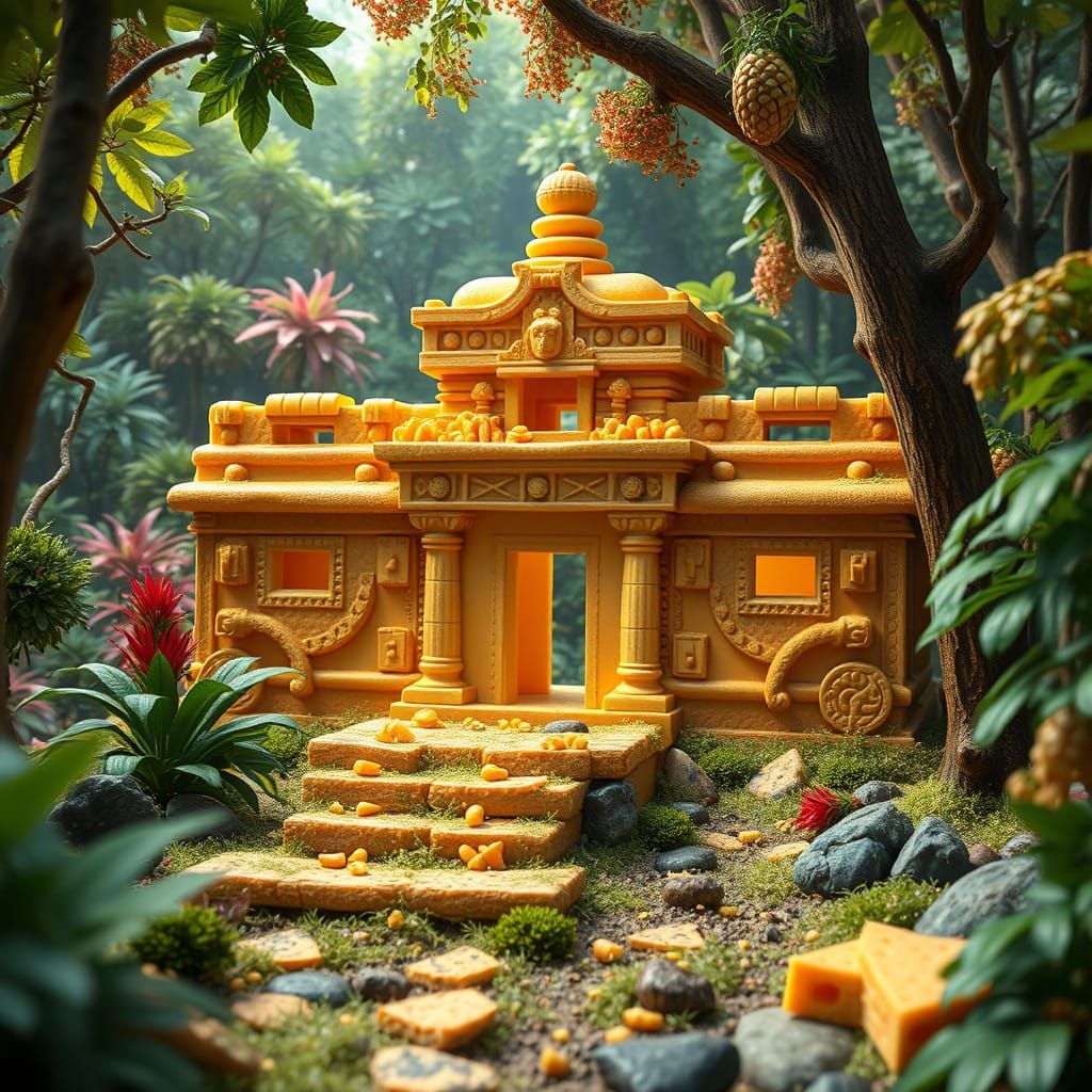 Lush Mayan Temple Made from Cheese and Crackers in a Vibrant...