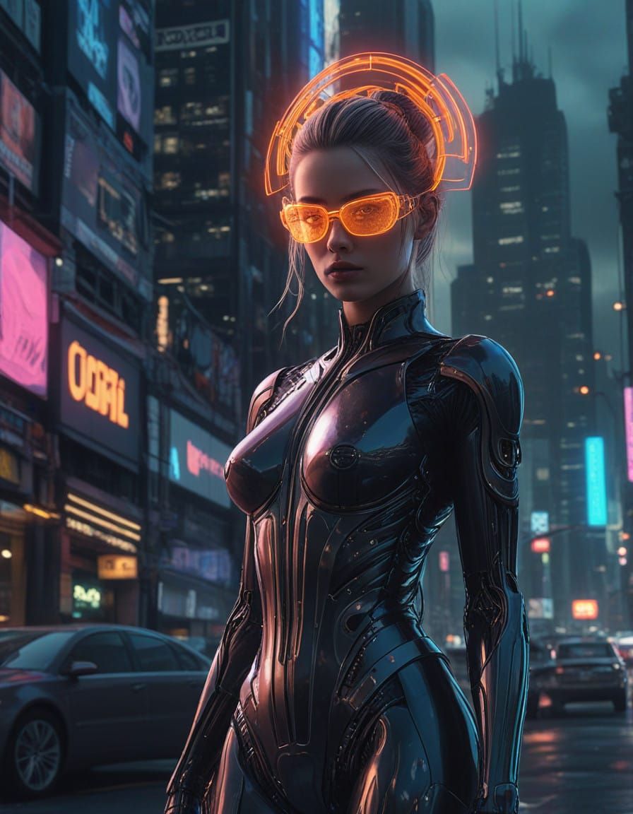 Translucent Cyberpunk Goddess Amidst Glitch Art Vortex