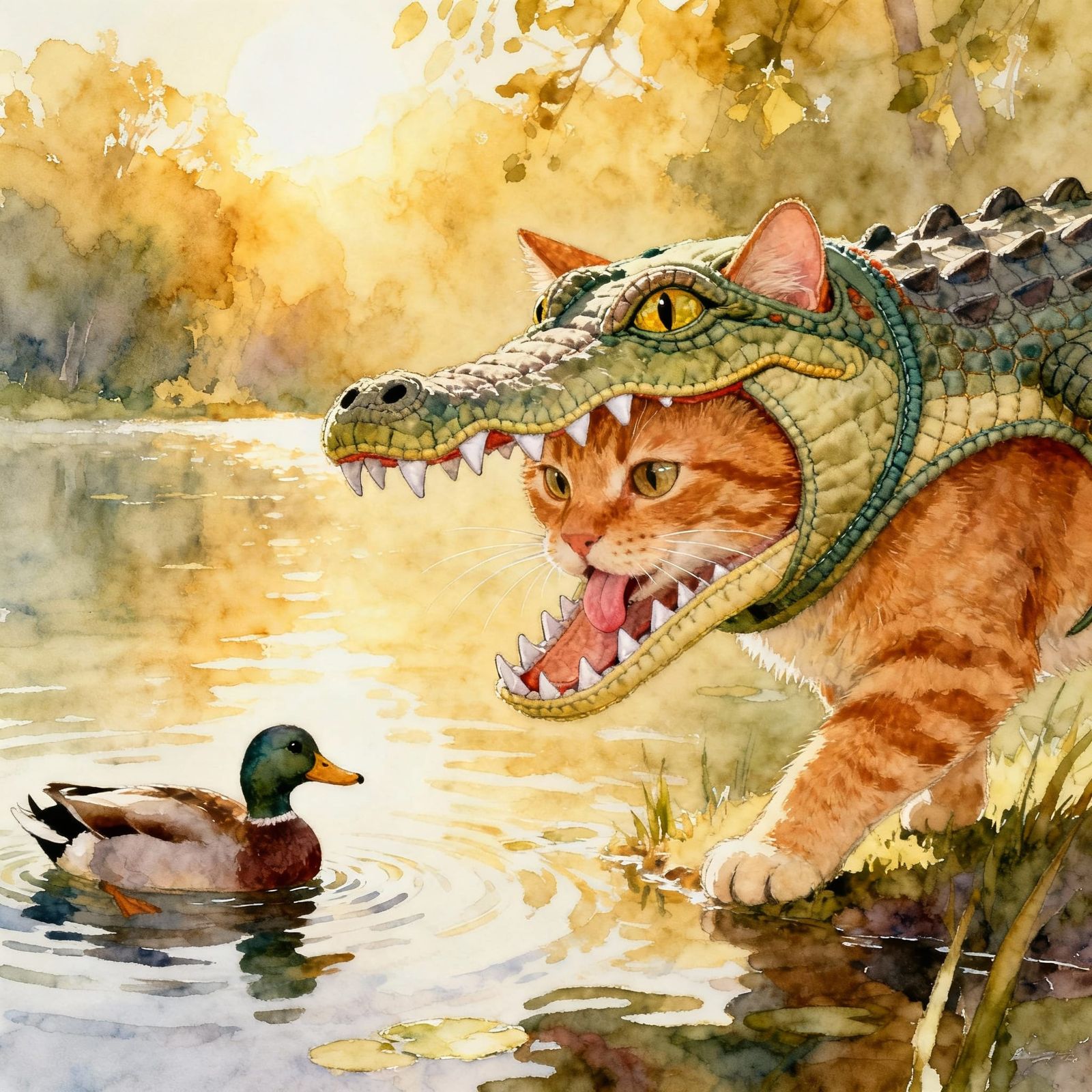 Ginger Cat in Alligator Costume Hunts in Sunlit Lake