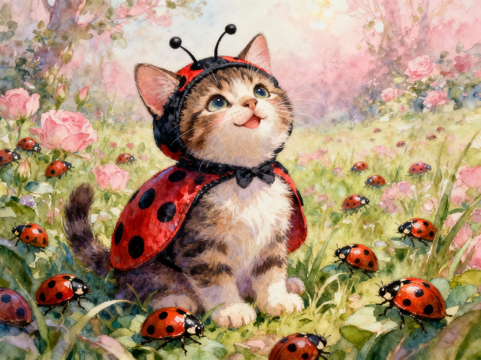 Adorable Kitten in Ladybug Costume in Dreamy Field