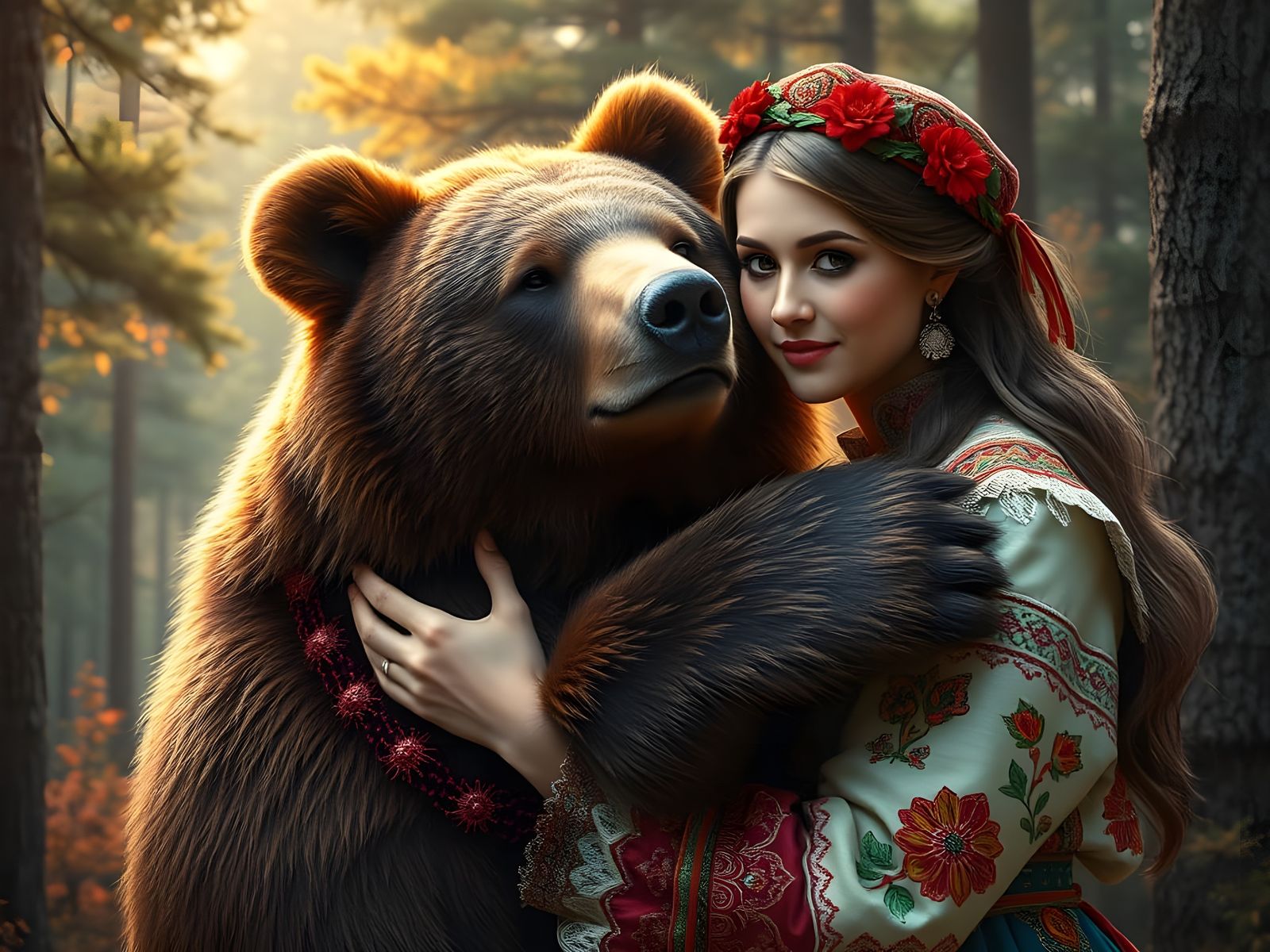Russian Woman Embracing a Majestic Bear in a Vibrant Forest ...
