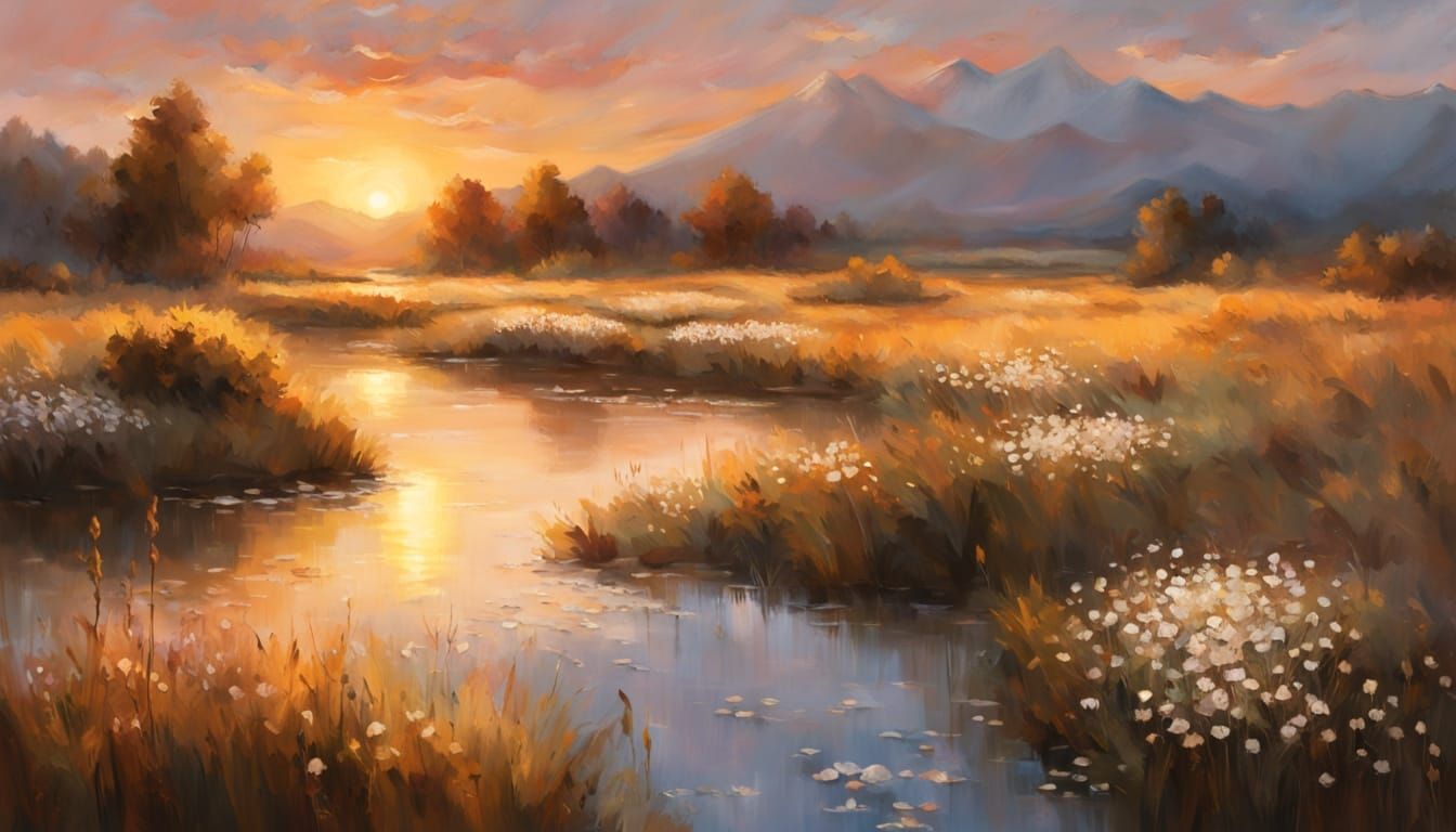 Golden Hour Sunset Over Water with Grass and Flowers