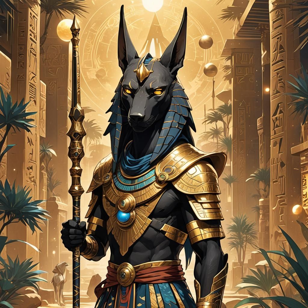 Handsome Anubis in Manga Style with Hieroglyphics