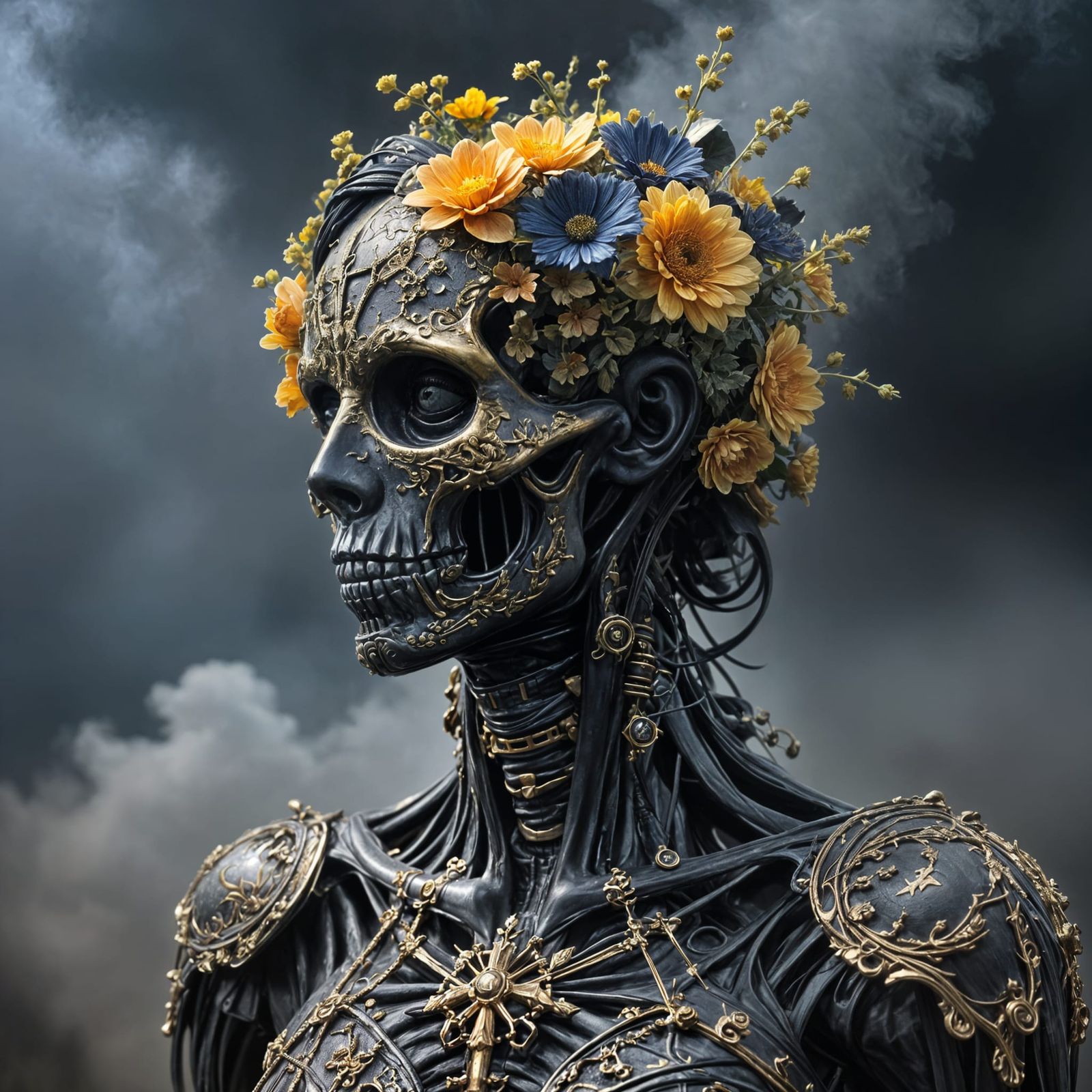 Cyborg Gothic Skeleton with Black-Gold Flowers