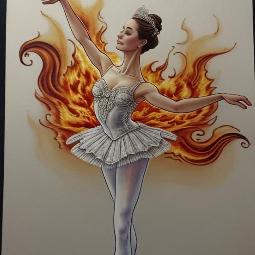 Ballerina Dancing Between Flames in Diaphanous Clothes