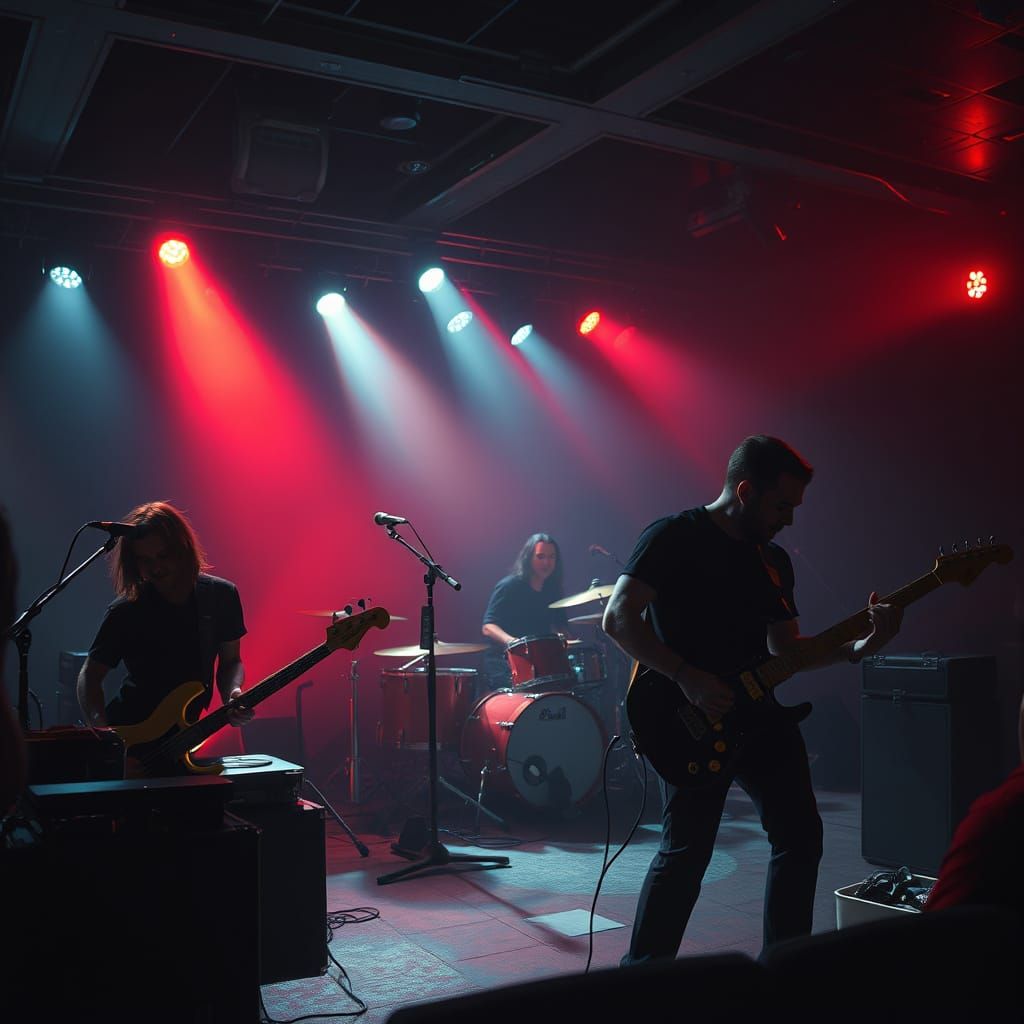 Neon Concert Venue with Guitars in Syd Mead Style