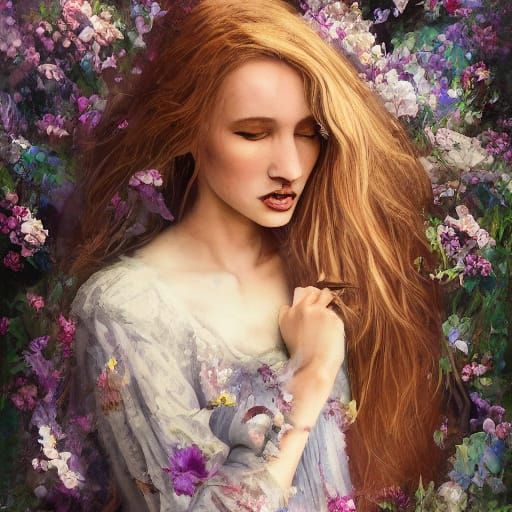 Surreal Spring Goddess Amidst Blossoming Chaos