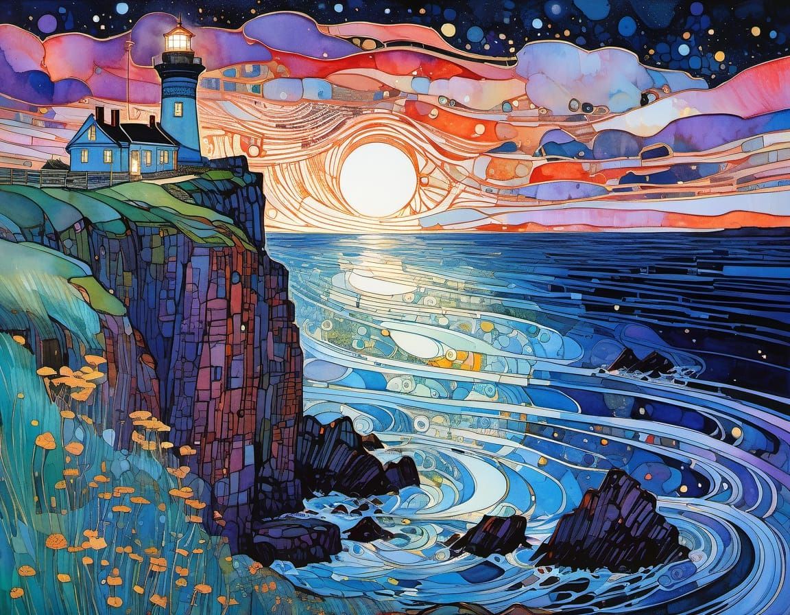 Lighthouse at Night: Ink and Watercolor Art Nouveau