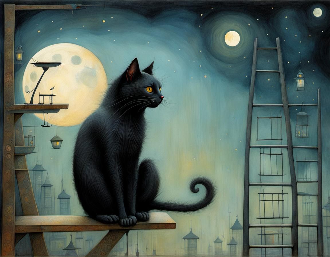 Whimsical Black Cat Under Ladder in Moonlight