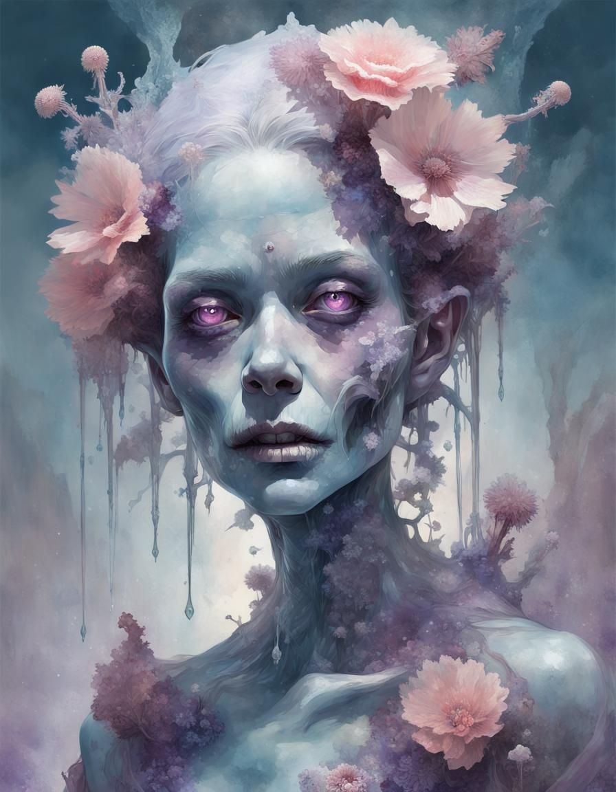 Icy Zombie Portrait with Flowers in Surrealist Style