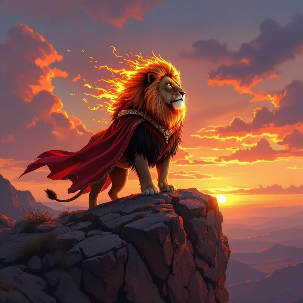 Fiery Lion King on Rocky Cliff: Digital Painting