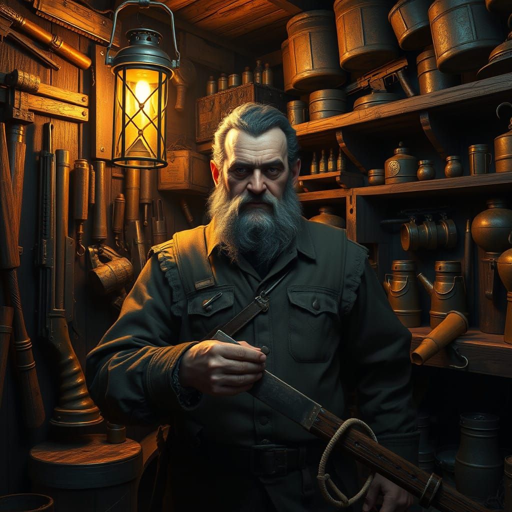 Gritty Tool Store Shopkeeper in Industrial Aesthetic
