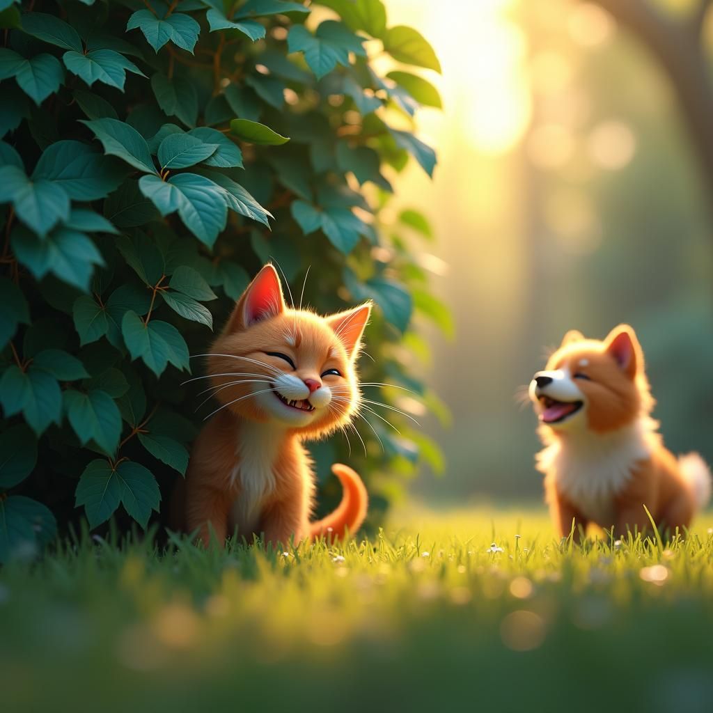 Playful Cat and Dog Hide-and-Seek: 3D Matte Painting
