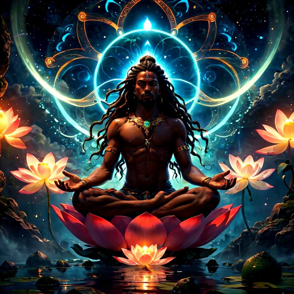 Celestial Caribbean Deity in Afrofuturist Cyberpunk