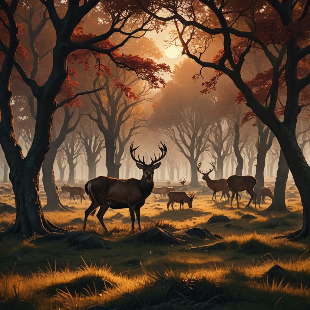 Deer Grazing in Meadow: Baroque Digital Painting