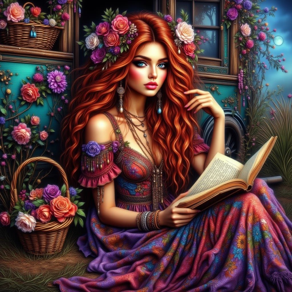 Bohemian Woman Reading by Caravan in Art Nouveau Style