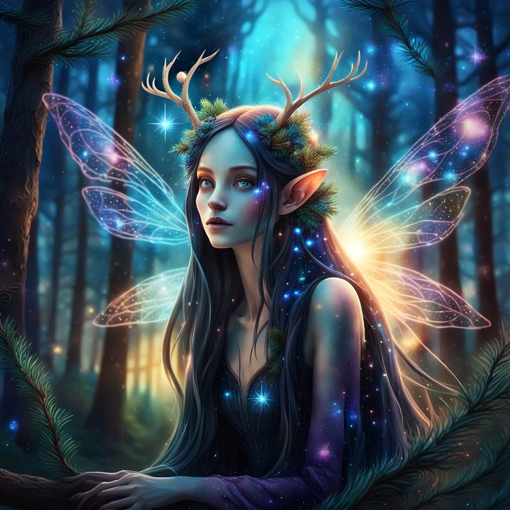 Gothic Cosmic Fairy in Mystical Forest Illustration