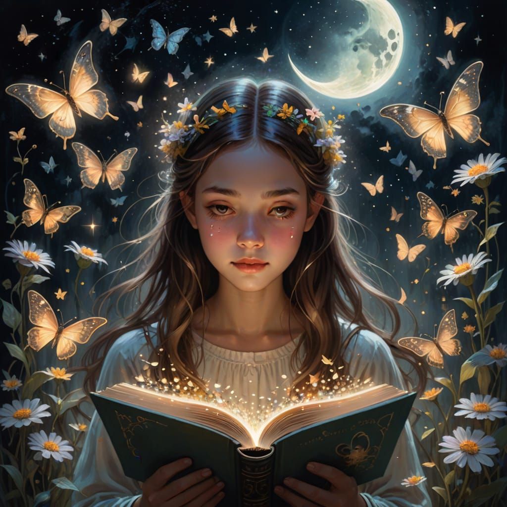 Girl with Magical Book Releasing Butterflies