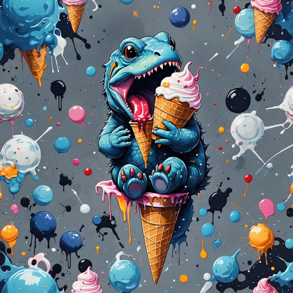Fluffy Blue Reptile Eating Ice Cream in Space
