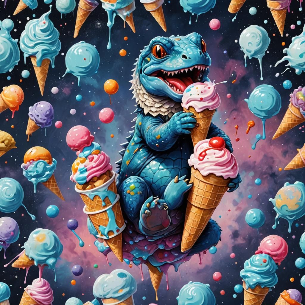Cute Blue Reptile Eating Ice Cream in Space