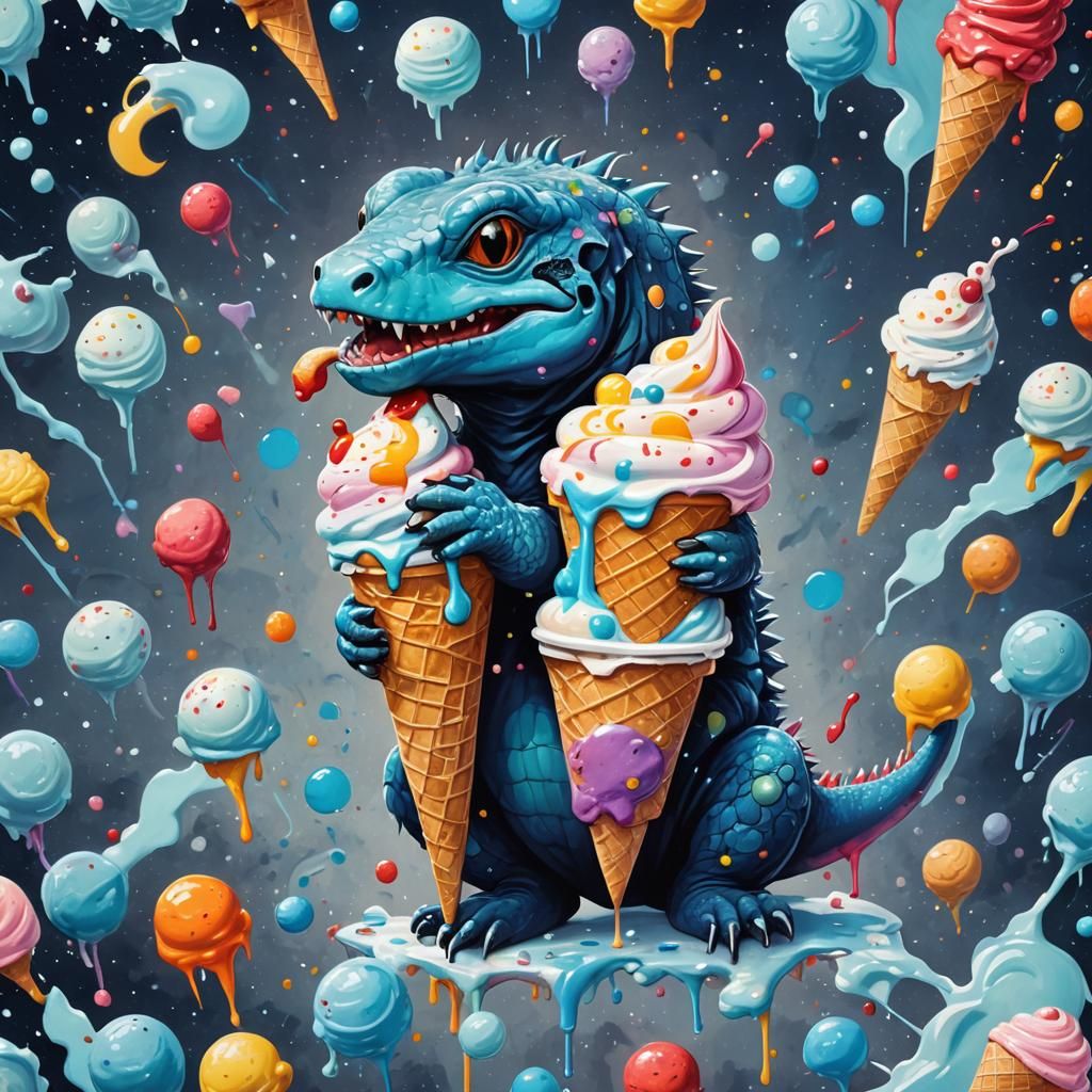 Cute Blue Reptile Enjoys Ice Cream in Space