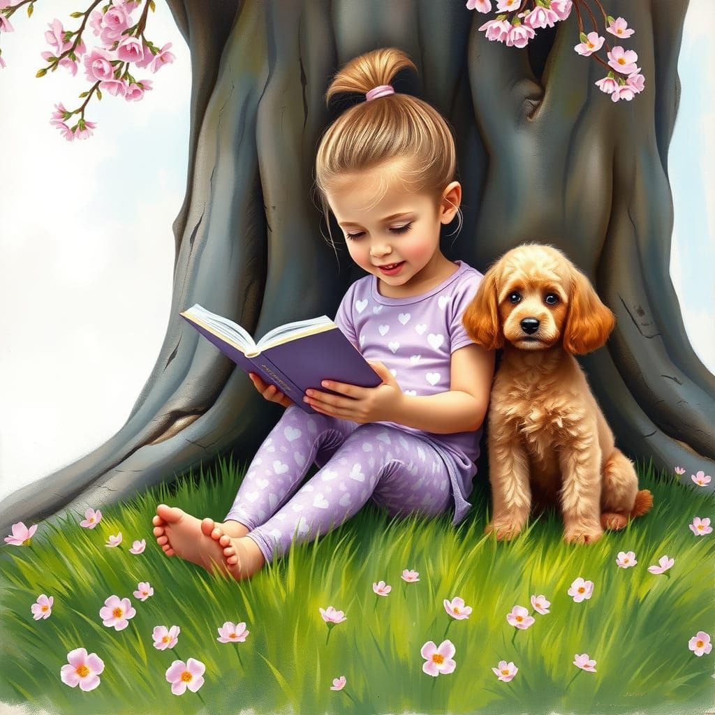Airbrushed Acrylic Portrait of a Whimsical Girl Reading to P...