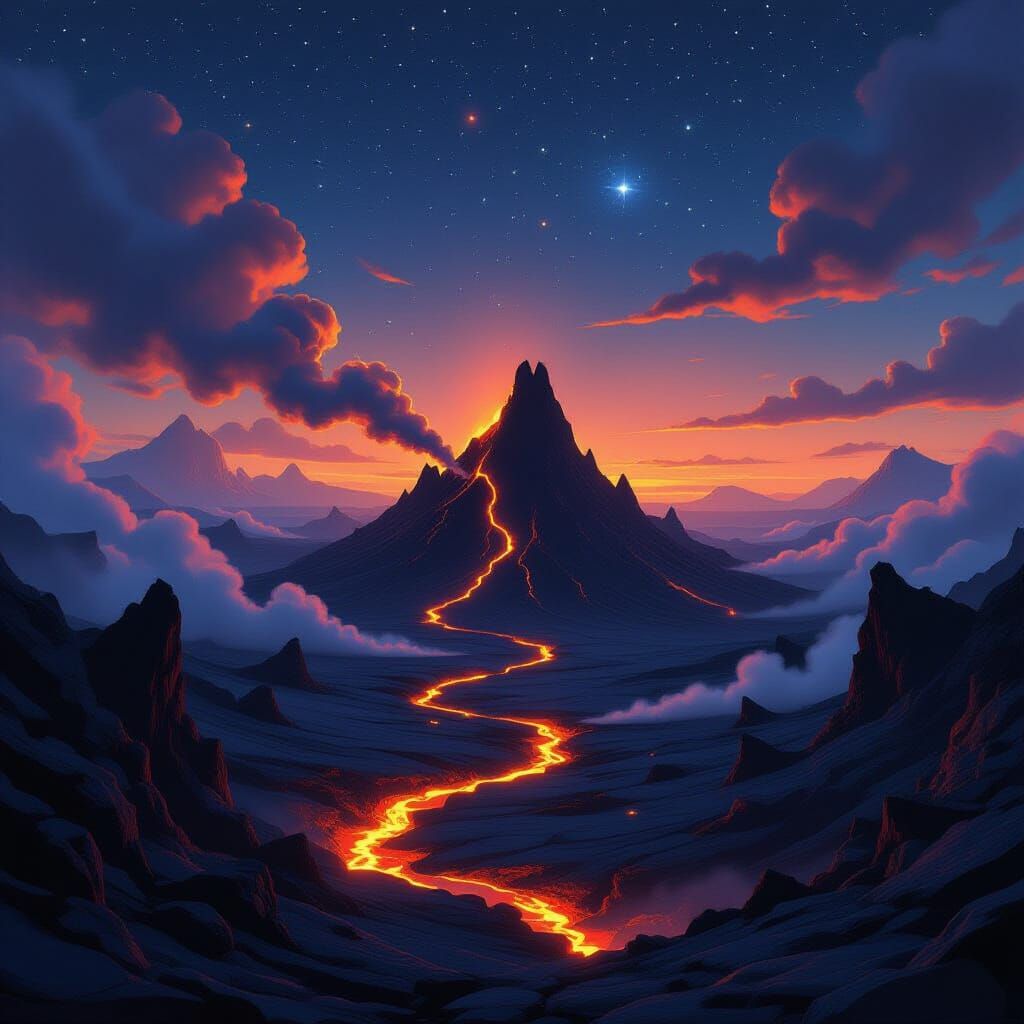 Volcanic Ridge at Twilight with Fiery Lava Flows